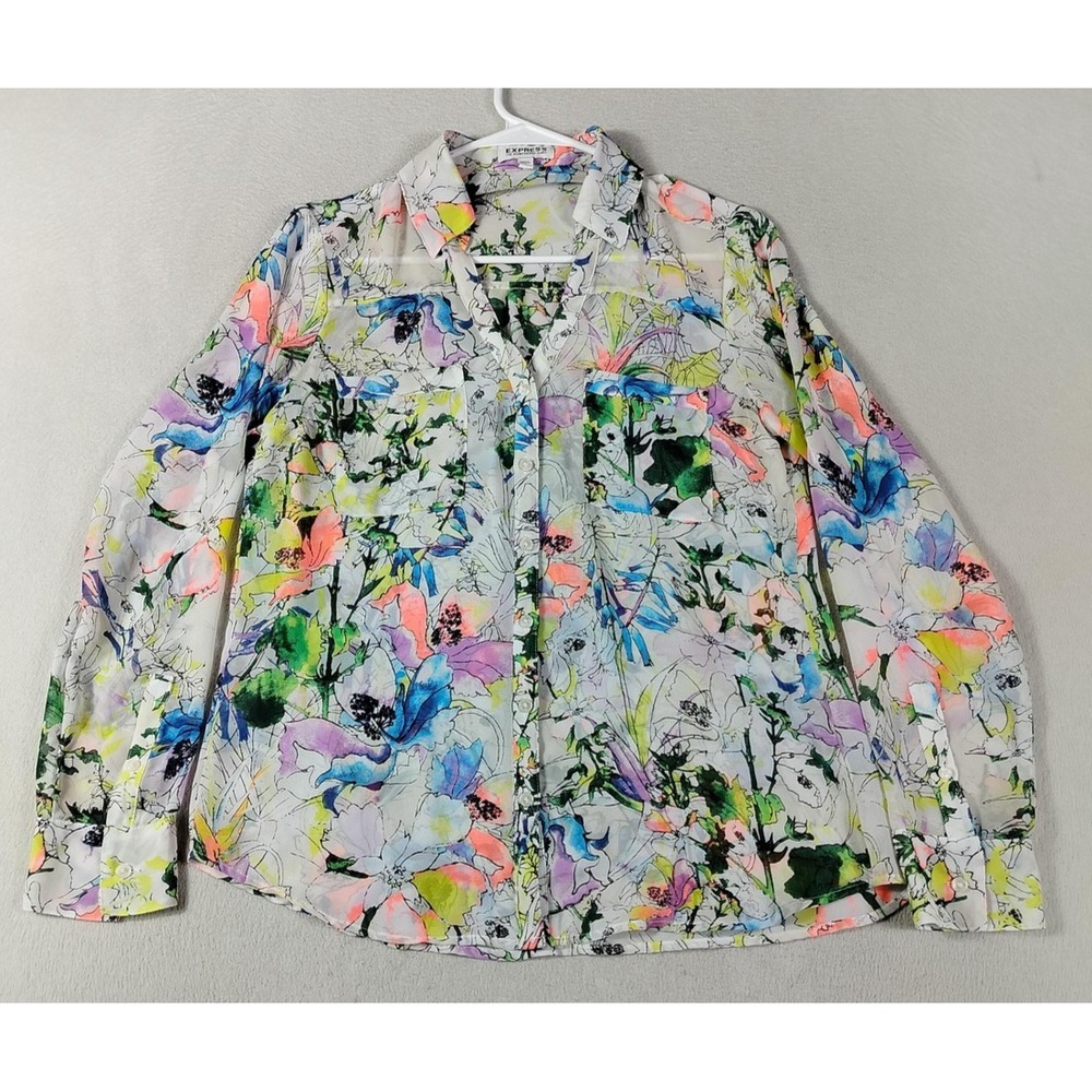Express Shirt Womens Small Multicolor Floral Portofino Chiffon Button Up Sheer